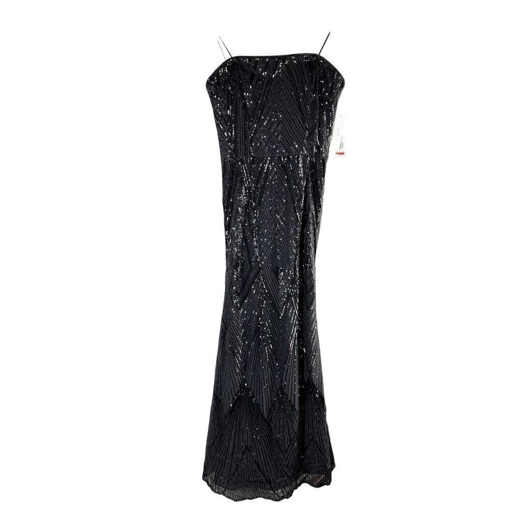 Teri Jon by Rickie Freeman Strapless Geometric Sequined Gown Black US 12 Formal - Picture 2 of 15